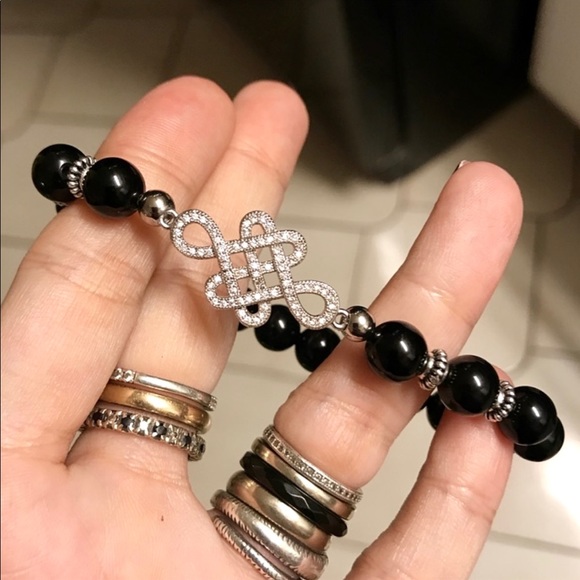 Genuine onyx white gold plated cz cubic zirconia celtic knot charm bracelet - Picture 5 of 10